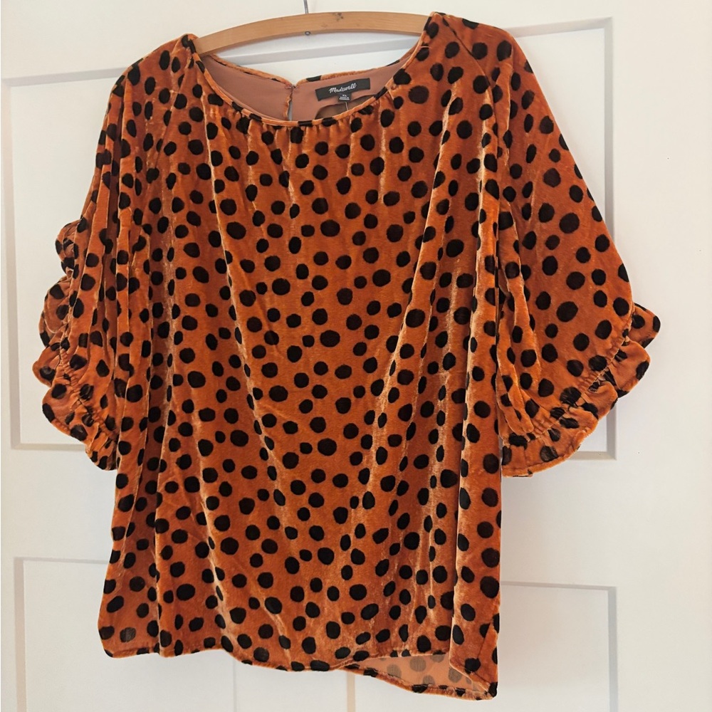 Madewell Rust Orange Velvet Polka Dot Blouse with Black Spots